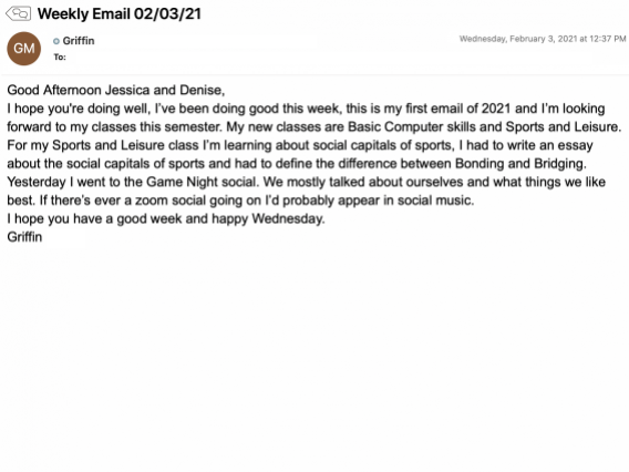 student email including details about their classes and a social event they attended