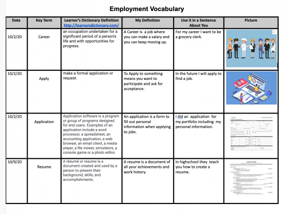 vocabulary log with terms career, apply, application and resume