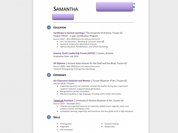 sample of student resume with education, experience and skills listed