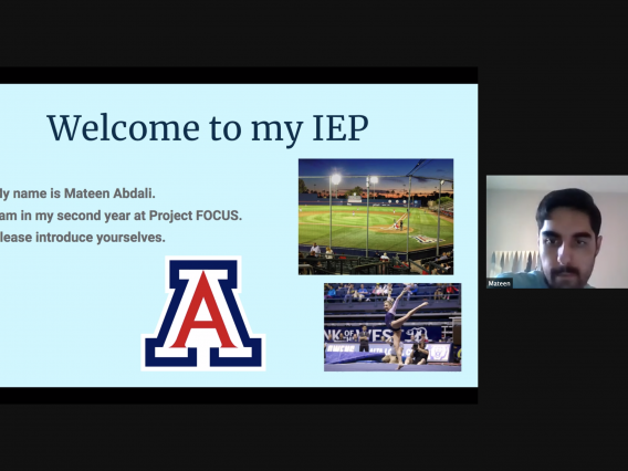 male student sharing his screen on zoom with first welcome slide of IEP presentation